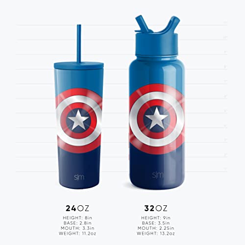 Simple Modern Marvel Water Bottle with Straw Lid Vacuum Insulated Stainless Steel Metal Thermos | Gifts for Women Men Reusable Leak Proof Flask | Summit Collection | 32oz Captain America Shield