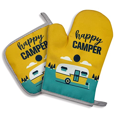 Happy Camper,Oven Mitts and Pot Holders Sets of 2，Funny Oven Mitt，Silicone Non-Slip Oven Mitts,Gift for Hiker Traveler Adventurist，Perfect for Kitchen,Cooking,Baking,Grilling