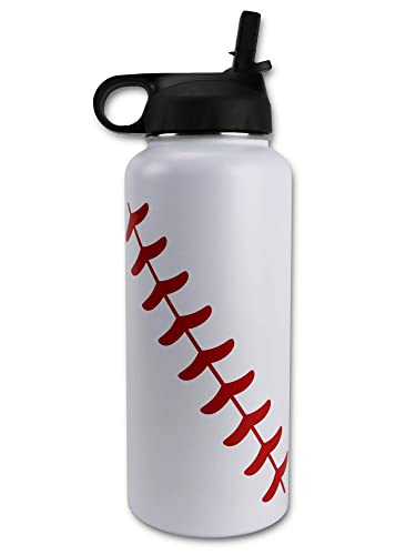 Urbanifi Water Bottle Baseball STRAW LID Tumbler 32 oz Gift for Mom Men Flask Sports Travel Waterbottle, Stainless Steel, Vacuum Insulated, Water Cold for 24, Hot for 12 hours (Baseball Straw Lid)