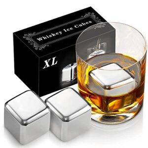 2 large whiskey stones 64 cm³ (4 cu in) – man gift set – reusable stainless steel metal ice sphere cubes beverage chilling rocks whiskey stones for red wine, bar beer, scotch, vodka drinks – silver