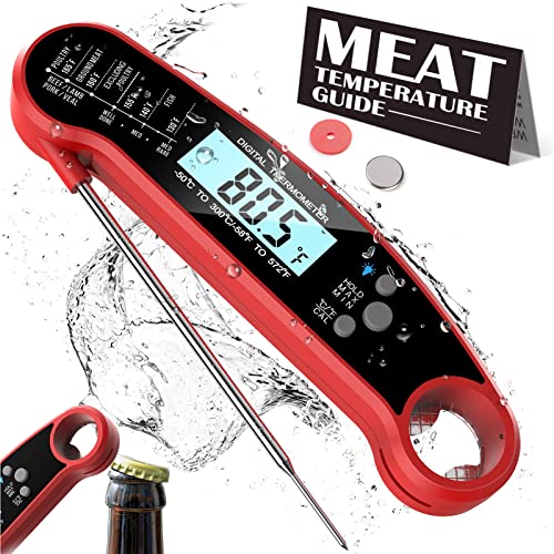 Digital Meat Thermometer with Probe, Instant Read Food Thermometer for Grilling BBQ, Kitchen Cooking, Baking, Liquids, Candy & Air Fryer - IP67 Waterproof, Backlight & Calibration - Red/Black