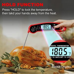 Digital Meat Thermometer with Probe, Instant Read Food Thermometer for Grilling BBQ, Kitchen Cooking, Baking, Liquids, Candy & Air Fryer - IP67 Waterproof, Backlight & Calibration - Red/Black