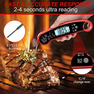 Digital Meat Thermometer with Probe, Instant Read Food Thermometer for Grilling BBQ, Kitchen Cooking, Baking, Liquids, Candy & Air Fryer - IP67 Waterproof, Backlight & Calibration - Red/Black