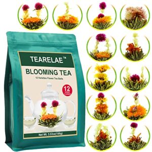 TEARELAE Blooming Tea Flowers - 12pcs Individually Sealed Flowering Tea Balls - Hand-Tied Natural Green Tea Leaves & Edible Flowers - Gifts For Tea Lovers