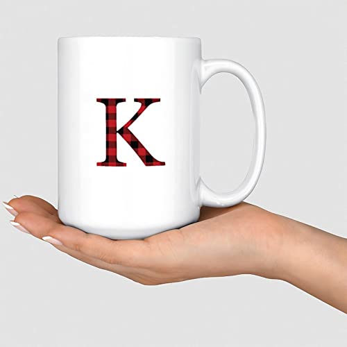 Christmas Initial Letter K Red Black Buffalo Plaid White Mugs Ceramic Cup Initial Letter Coffee Mug Mockup Cup Mockup Xmas Gift Stocking Stuffer Mug Stocking Stuffer Gift 15oz