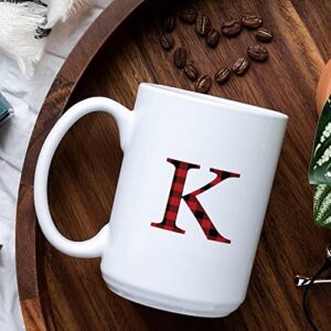 Christmas Initial Letter K Red Black Buffalo Plaid White Mugs Ceramic Cup Initial Letter Coffee Mug Mockup Cup Mockup Xmas Gift Stocking Stuffer Mug Stocking Stuffer Gift 15oz