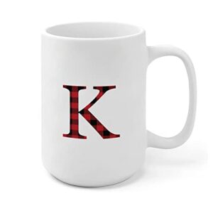 Christmas Initial Letter K Red Black Buffalo Plaid White Mugs Ceramic Cup Initial Letter Coffee Mug Mockup Cup Mockup Xmas Gift Stocking Stuffer Mug Stocking Stuffer Gift 15oz