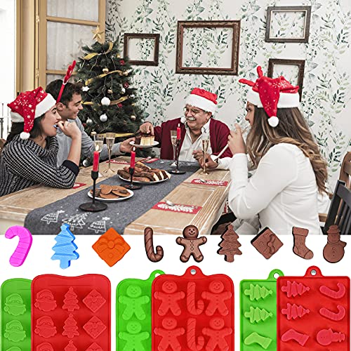 6Pcs Christmas Silicone Molds Chocolate and Candy Molds Set Santa Clause Snowman Christmas Tree Presents Gingerbread Star Candy Cane Molds Baking Molds for Cake Toppers,Ice Cubes,Jello for Party Decor