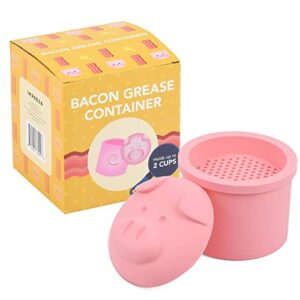 extra large pink pig-shaped grease container – novelty bacon grease container with strainer – cute silicone grease jar to dispose or store drippings – kitchen grease container – giftable grease can
