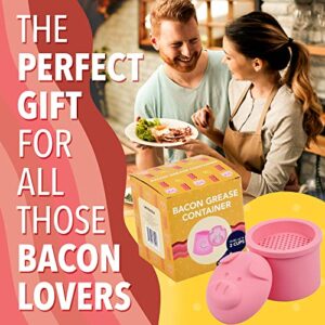 Extra Large Pink Pig-Shaped Grease Container - Novelty Bacon Grease Container With Strainer - Cute Silicone Grease Jar to Dispose or Store Drippings - Kitchen Grease Container - Giftable Grease Can