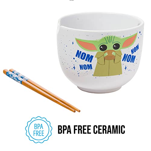 Silver Buffalo Star Wars Mandalorian Baby Yoda Grogu Nom Nom Ceramic Ramen Noodle Rice Bowl with Chopsticks, Microwave Safe, 20 Ounces