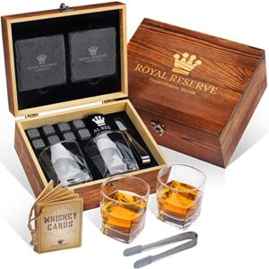 whiskey stones gift set by royal reserve | artisan crafted chilling rocks scotch bourbon glasses and slate table coasters – gift for guy men dad boyfriend anniversary or retirement regalos para hombre