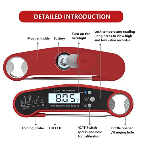 LPONJAR Digital Meat Thermometer, Instant Read Food Thermometer for Grilling, BBQ, Cooking, Baking, Liquids- Foldable Probe, Bottle Opener, IP67 Waterproof, Backlight, Magnet, and Calibration