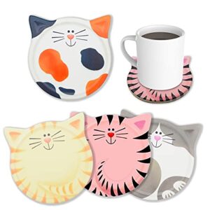 funny coasters for drinks absorbent, cat shaped ceramic coasters set of 4, unique gift ideas for cat lovers, bar dining table decor housewarming birthday gift – 4.25”