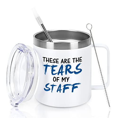 Qtencas Boss Day Gifts, These Are The Tears of my Staff Funny Travel Mug, Boss Gifts for Bosses Employers Workers Friends Coworker Men Women Christmas, 12oz Stainless Steel Insulated Boss Mug, White