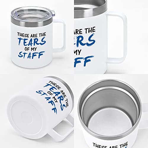 Qtencas Boss Day Gifts, These Are The Tears of my Staff Funny Travel Mug, Boss Gifts for Bosses Employers Workers Friends Coworker Men Women Christmas, 12oz Stainless Steel Insulated Boss Mug, White