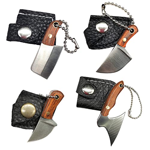 STARDW Damascus Pocket Knife Set Mini Axe Shape Tiny Knife Set EDC Knife Set Tiny Knife Cleaver for Package Opener Box Cutter -4-piece set