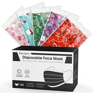 50 pack adults christmas disposable face mask, individually wrapped 3-ply breathable non-woven breathable masks for men and women