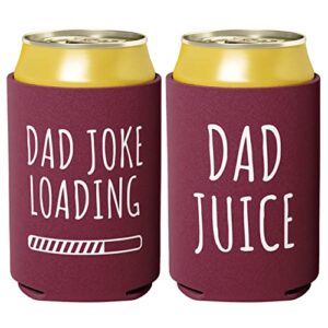 funny, collapsible neoprene beer holder, 2 pc. novelty beverage sleeves for cans with gag quotes – dad juice, dad joke loading. insulated drink cooler gifts for 12oz alcohol, beers, wines, sodas, ipas