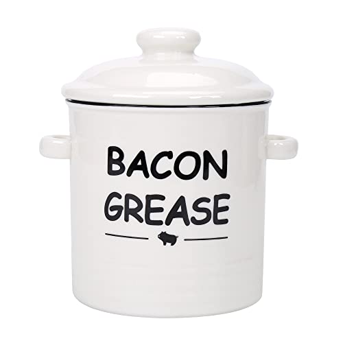 Ceramic Bacon Grease Container with Strainer - 600ml / 20oz Farmhouse Bacon Grease Keeper with Easy-Grip Handle, Bacon Fat Can for Grease Drippings and Storage - Creamy-white