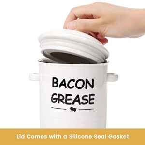 Ceramic Bacon Grease Container with Strainer - 600ml / 20oz Farmhouse Bacon Grease Keeper with Easy-Grip Handle, Bacon Fat Can for Grease Drippings and Storage - Creamy-white