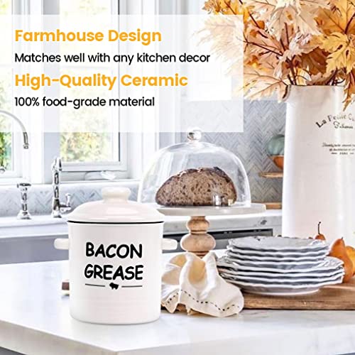 Ceramic Bacon Grease Container with Strainer - 600ml / 20oz Farmhouse Bacon Grease Keeper with Easy-Grip Handle, Bacon Fat Can for Grease Drippings and Storage - Creamy-white