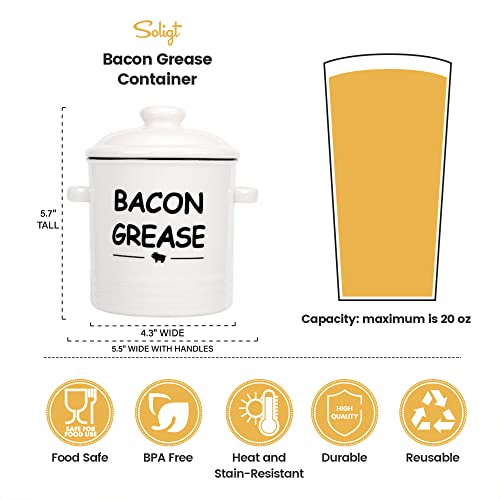 Ceramic Bacon Grease Container with Strainer - 600ml / 20oz Farmhouse Bacon Grease Keeper with Easy-Grip Handle, Bacon Fat Can for Grease Drippings and Storage - Creamy-white