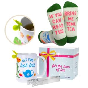 tea lovers gifts for women | tea gift sets with mug, tea bag squeezer, tea bag holder and if you can read this novelty fun socks. unique tea drinkers gifts for her, mom, grandmother, teacher