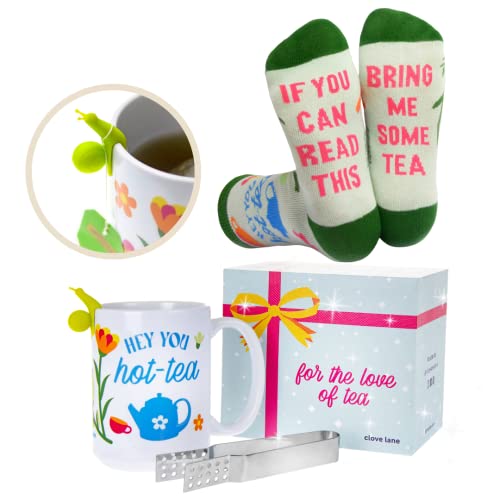 Tea Lovers Gifts for Women | Tea Gift Sets with Mug, Tea Bag Squeezer, Tea Bag Holder and If You Can Read This Novelty Fun Socks. Unique Tea Drinkers Gifts for Her, Mom, Grandmother, Teacher