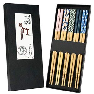 5 pairs japanese natural bamboo chopsticks with unique print, reusable chopstick gift set for sushi rice noodles, chinese tableware washable for dishwasher, 8.85 inches length