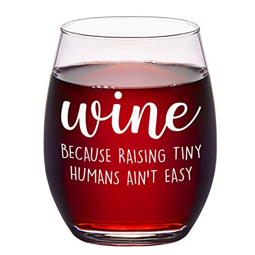 Raising Tiny Humans Ain’t Easy Wine Glass, Funny Stemless Wine Glass for Dad Mom New Parents Women Men, Novelty Gag Gifts for Christmas Birthday Mother’s Day Father’s Day from Kids Wife Husband, 15Oz