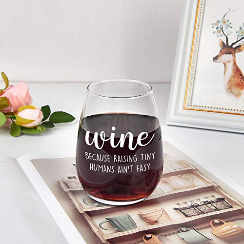 Raising Tiny Humans Ain’t Easy Wine Glass, Funny Stemless Wine Glass for Dad Mom New Parents Women Men, Novelty Gag Gifts for Christmas Birthday Mother’s Day Father’s Day from Kids Wife Husband, 15Oz