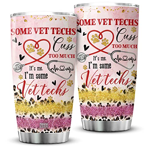 ZOXIX Vet Tech Cups Tumbler Glitter Leopard Stethoscope Medical Veterinarian Coffee Mug With Lid 20oz Stainless Steel Cup Cute Veterinary School Graduation Gifts For Girls