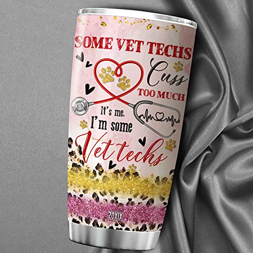 ZOXIX Vet Tech Cups Tumbler Glitter Leopard Stethoscope Medical Veterinarian Coffee Mug With Lid 20oz Stainless Steel Cup Cute Veterinary School Graduation Gifts For Girls