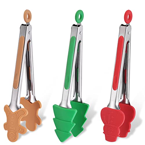 OIULO 3PCS Christmas Silicone Mini Tongs, 7 Inch Christmas Style Tongs, Small Kids Colourful Tongs for Serving Food, Ice Cube, fruits, Sugar, Festival Set of 3（Christmas Tree Snowman Gingerbread Man）