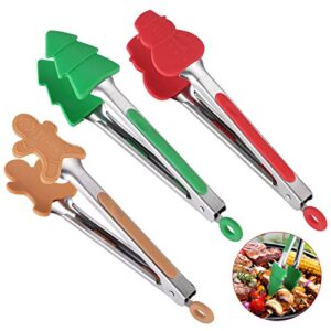 oiulo 3pcs christmas silicone mini tongs, 7 inch christmas style tongs, small kids colourful tongs for serving food, ice cube, fruits, sugar, festival set of 3（christmas tree snowman gingerbread man）