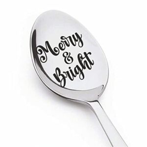 merry & bright | gift for christmas for wife/husband/girlfriend/boyfriend/friends/mom/dad | christmas stocking stuffer | stainless steel engraved 7 inches teaspoon