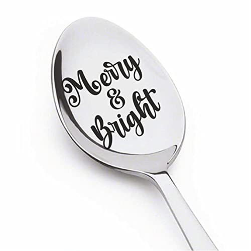 Merry & Bright | Gift For Christmas for Wife/Husband/Girlfriend/Boyfriend/Friends/Mom/Dad | Christmas Stocking Stuffer | Stainless Steel Engraved 7 inches Teaspoon