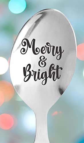 Merry & Bright | Gift For Christmas for Wife/Husband/Girlfriend/Boyfriend/Friends/Mom/Dad | Christmas Stocking Stuffer | Stainless Steel Engraved 7 inches Teaspoon