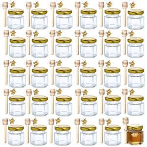 1.5 oz hexagon mini glass honey jars -30pack honey jars with wood dipper, gold lid, bee pendants, jutes – perfect for baby shower, wedding favors, party favors