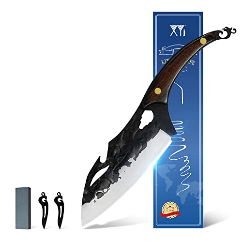 XYJ 7 Inch Full Tang Chef Knife With Bottle Opener Hex Wrench- Stainless Steel Killer Whale Blade Multipurpose Kitchen Knife Pakka Wood Rosefinch handle With Whetstone