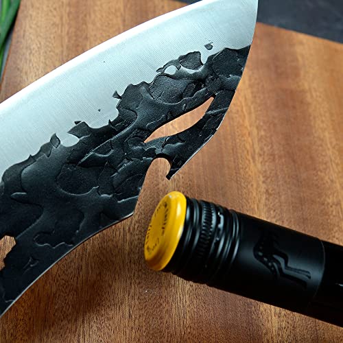 XYJ 7 Inch Full Tang Chef Knife With Bottle Opener Hex Wrench- Stainless Steel Killer Whale Blade Multipurpose Kitchen Knife Pakka Wood Rosefinch handle With Whetstone