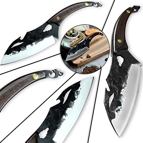 XYJ 7 Inch Full Tang Chef Knife With Bottle Opener Hex Wrench- Stainless Steel Killer Whale Blade Multipurpose Kitchen Knife Pakka Wood Rosefinch handle With Whetstone