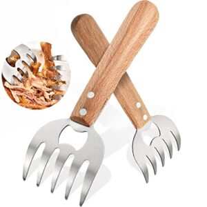 meat claws chicken shredder shredding forks for meat 8.6″ with long wood handle easily lift, shred and cut meat claws for pulled pork stainless steel sharp tips 2pcs-natural color