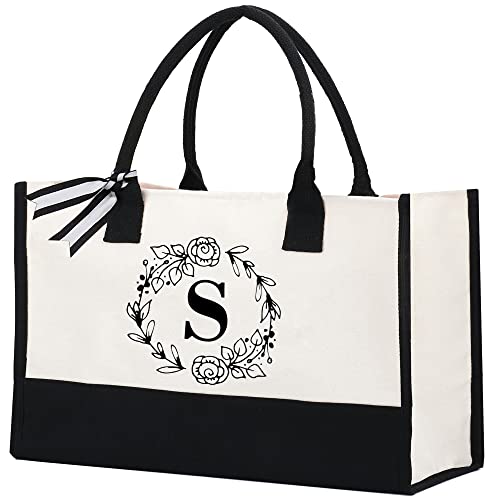 SUNELGIRL Personalized Initial Canvas Bag, Monogrammed Gift Tote Bag for Women, Mom, Teachers, Friends, Bridesmaids (S)