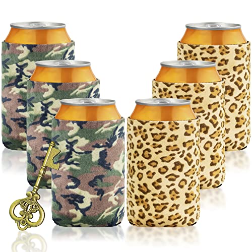 BAGnoREGio Short Plush Beer Can Cooler Sleeves, Soft Velvet Neoprene Insulated Coozie for Soda Beverage Cans, 6-Pack Collapsible Thermocoolers with 1PC Key Bottle Opener (Camouflage,Leopard)