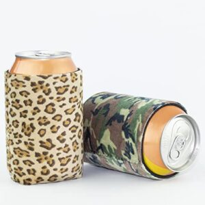 BAGnoREGio Short Plush Beer Can Cooler Sleeves, Soft Velvet Neoprene Insulated Coozie for Soda Beverage Cans, 6-Pack Collapsible Thermocoolers with 1PC Key Bottle Opener (Camouflage,Leopard)