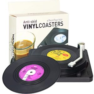 funny retro vinyl record coasters for drinks with vinyl record player holder for music lovers,set of 6 conversation piece sayings drink coaster,wedding registry gift ideas,housewarming hostess gifts