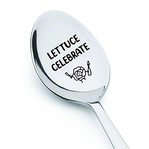 Funny Let Us Celebrate Spoon Hilarious Gifts For Vegan Veggie Food Lovers | Lettuce Celebrate Salad Quote Engraved Spoon With Lettuce Vegetable Icon | Sarcastic Birthday Gifts For Vegetarian Friends