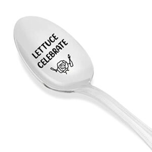 Funny Let Us Celebrate Spoon Hilarious Gifts For Vegan Veggie Food Lovers | Lettuce Celebrate Salad Quote Engraved Spoon With Lettuce Vegetable Icon | Sarcastic Birthday Gifts For Vegetarian Friends